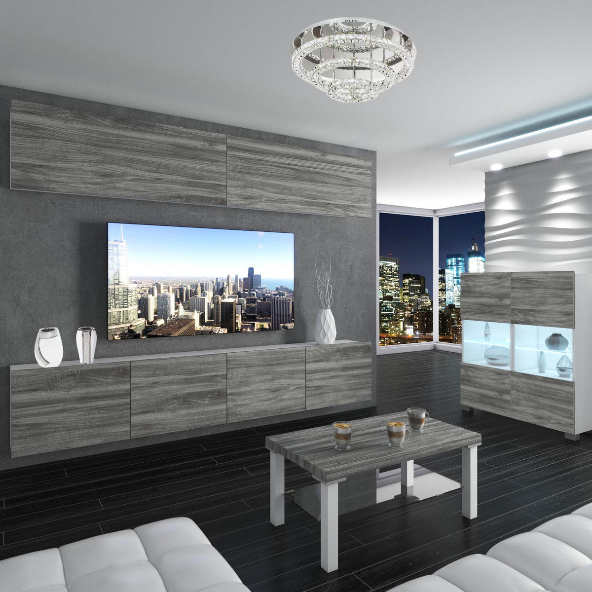 WOHNZIMMERWAND Schrankwand mit LED Glamour Holz - Grau, Holz (200/180/36cm) - B BELINI GROUP