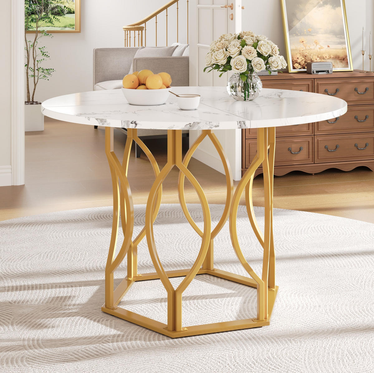 ESSTISCH 100/100/76 cm goldfarben weiß mit verstellbaren Fußgleitern aus MDF und Metall - Goldfarben, Holzwerkstoff (100/100/76cm) - OKWISH