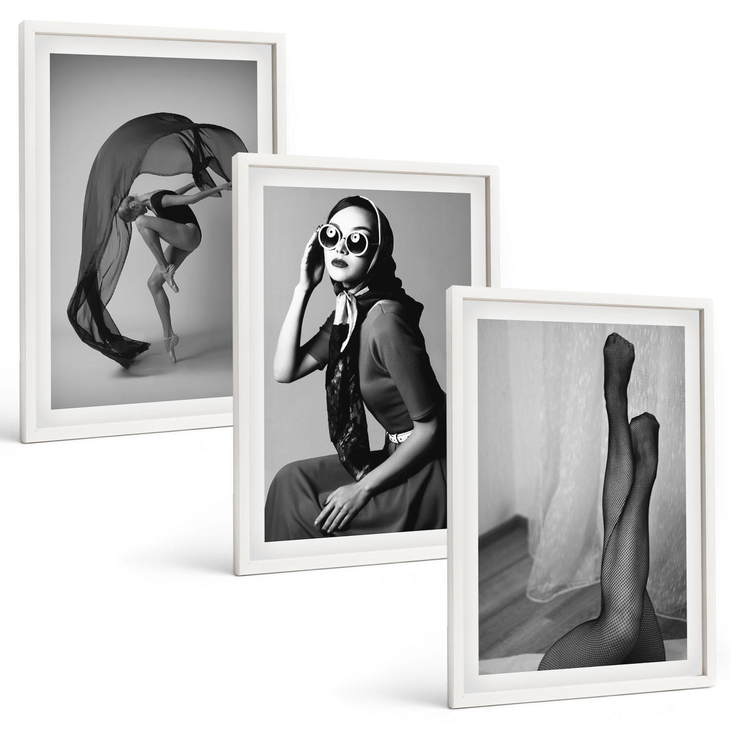 BILDER SET 3er Set - 40x60 cm Weißer Rahmen - Schwarz-Weiß-Porträts von Frauen - Weiß, Kunststoff (40/60cm) - TULUP