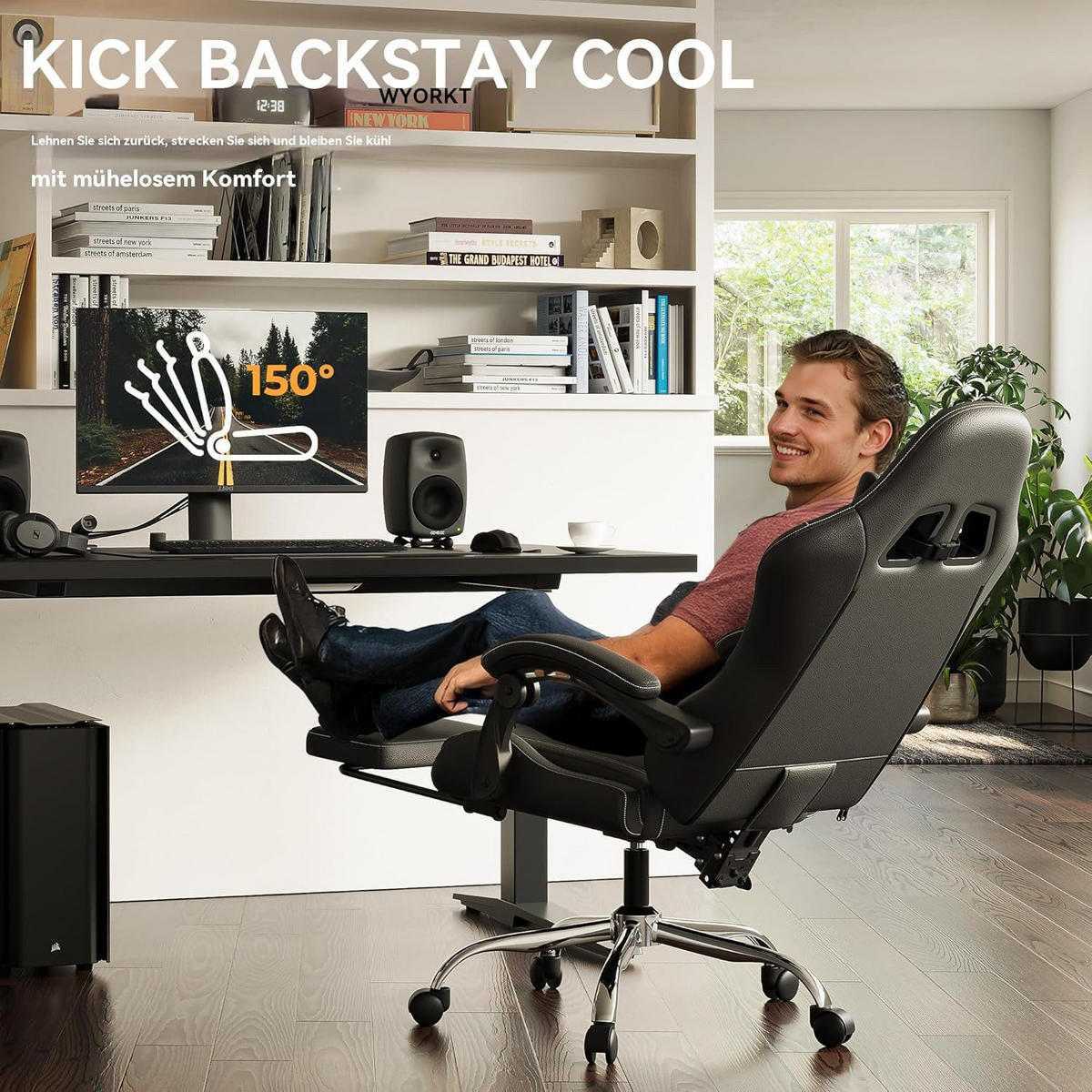 GAMING Stuhl PU-Leder Ideal Für Büro, Home, Streaming und Lange Gaming - Schwarz, Leder (65/123/70cm)