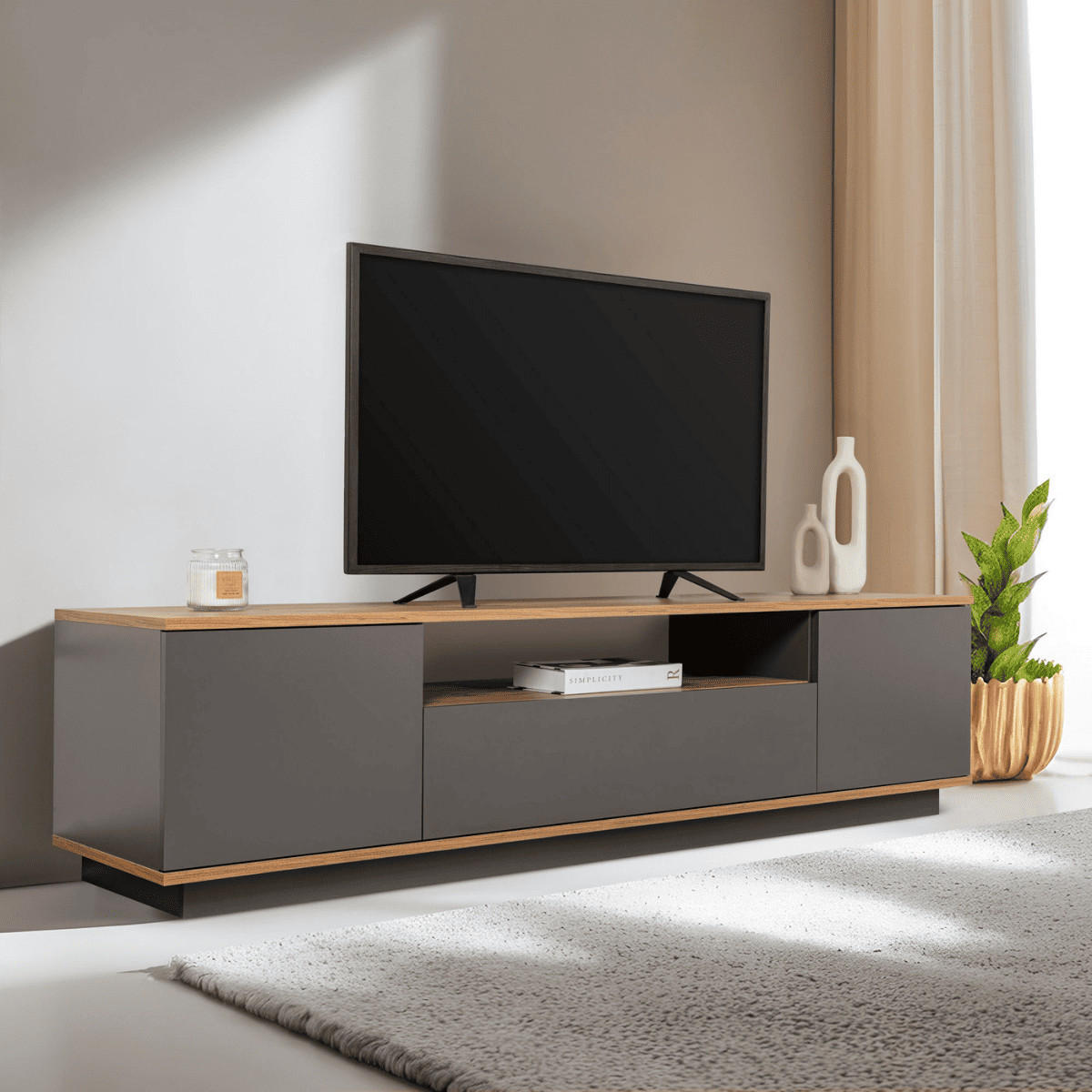 TV furniture with 3 folding doors and 1 niche, L180 cm - Grau, Holzwerkstoff (44.5/44.6/12cm) - Calicosy