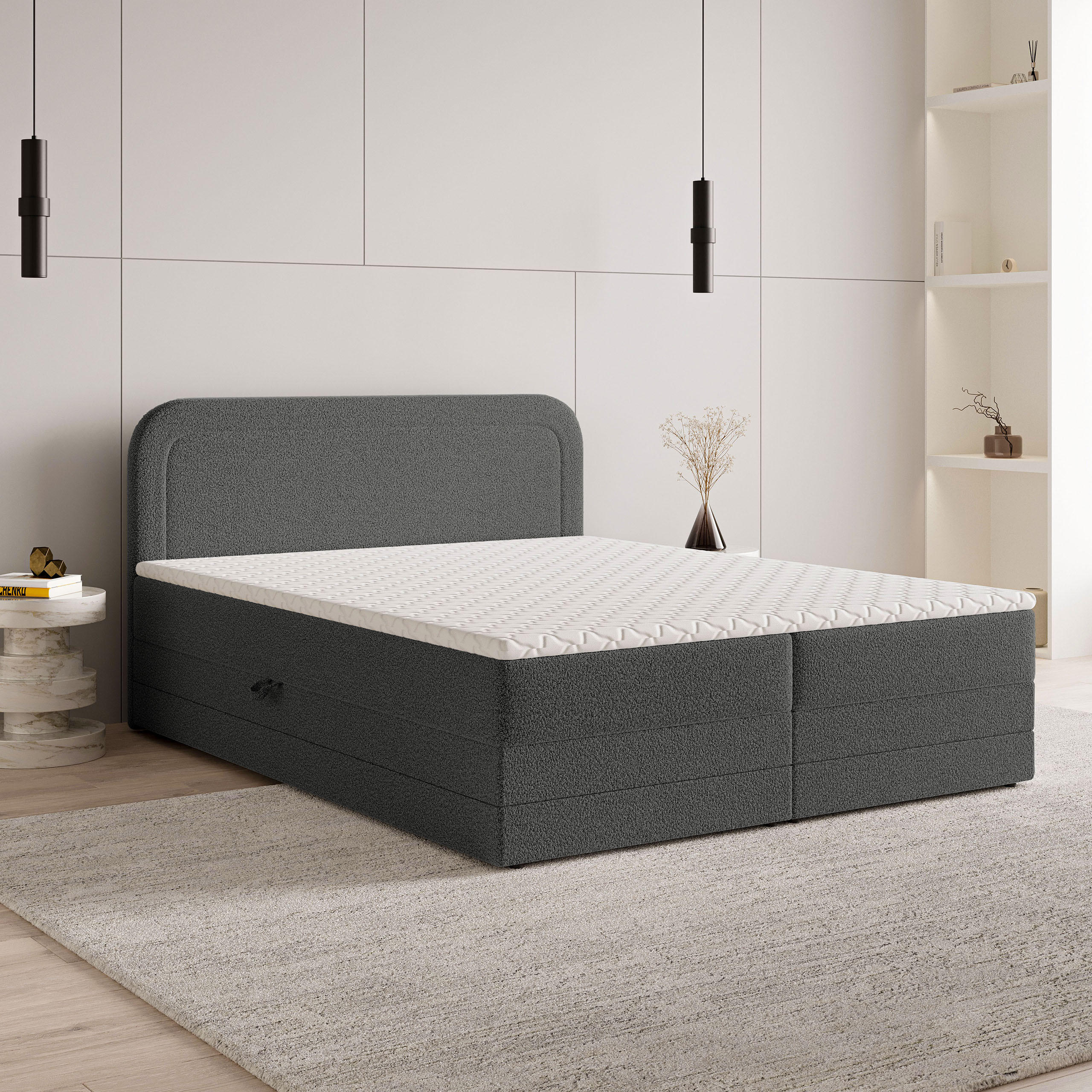 BOXBETT ARMEL 180x200 cm mit Matratze und Topper - Grau - Grau, Holz (180/200cm) - MASSENO