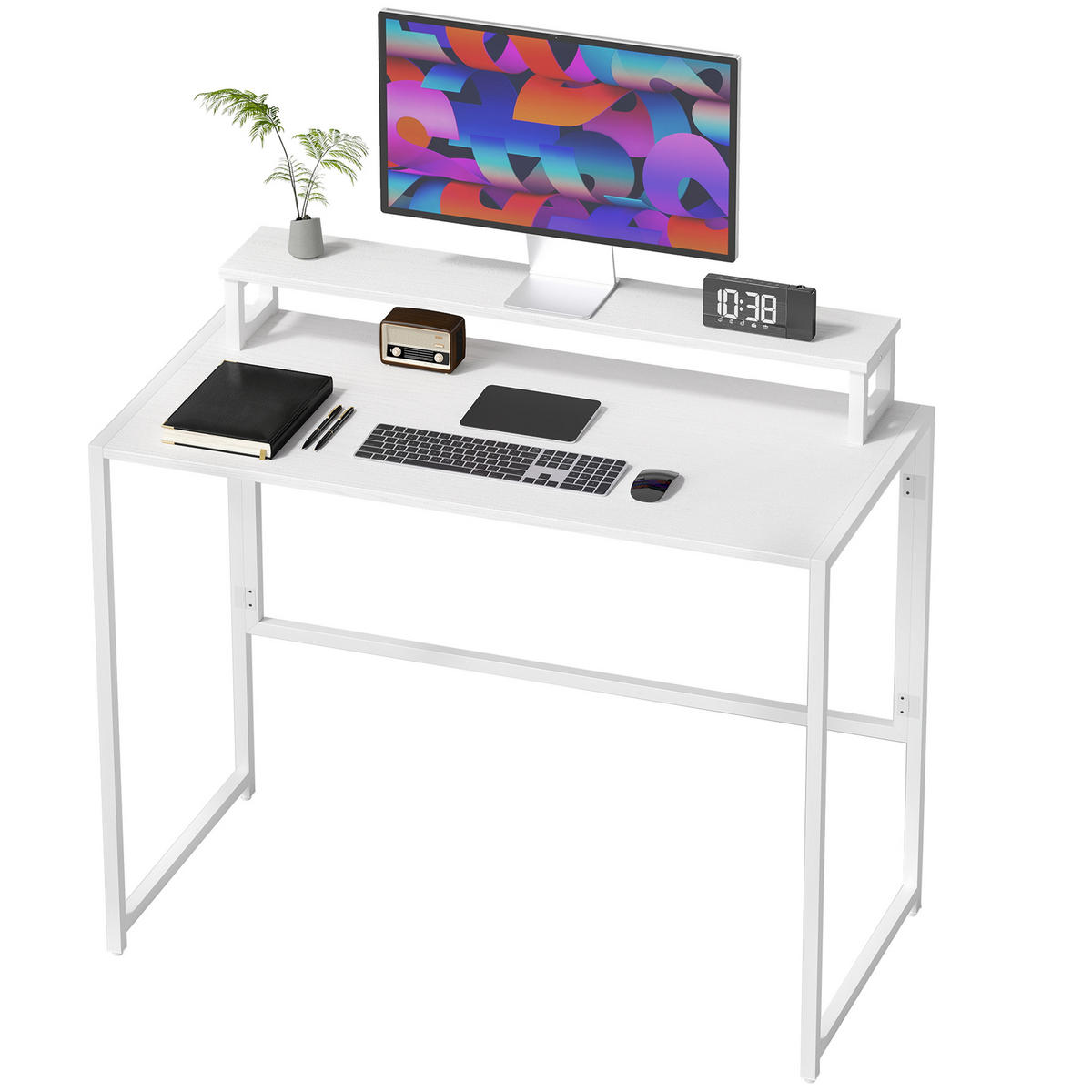 COMPUTERTISCH Holzoptik und Schwarz klappbar mit Monitoraufsatz 100/48/87,5 cm - Weiß, Holzwerkstoff (48/100/87.5cm) - PANGIVO