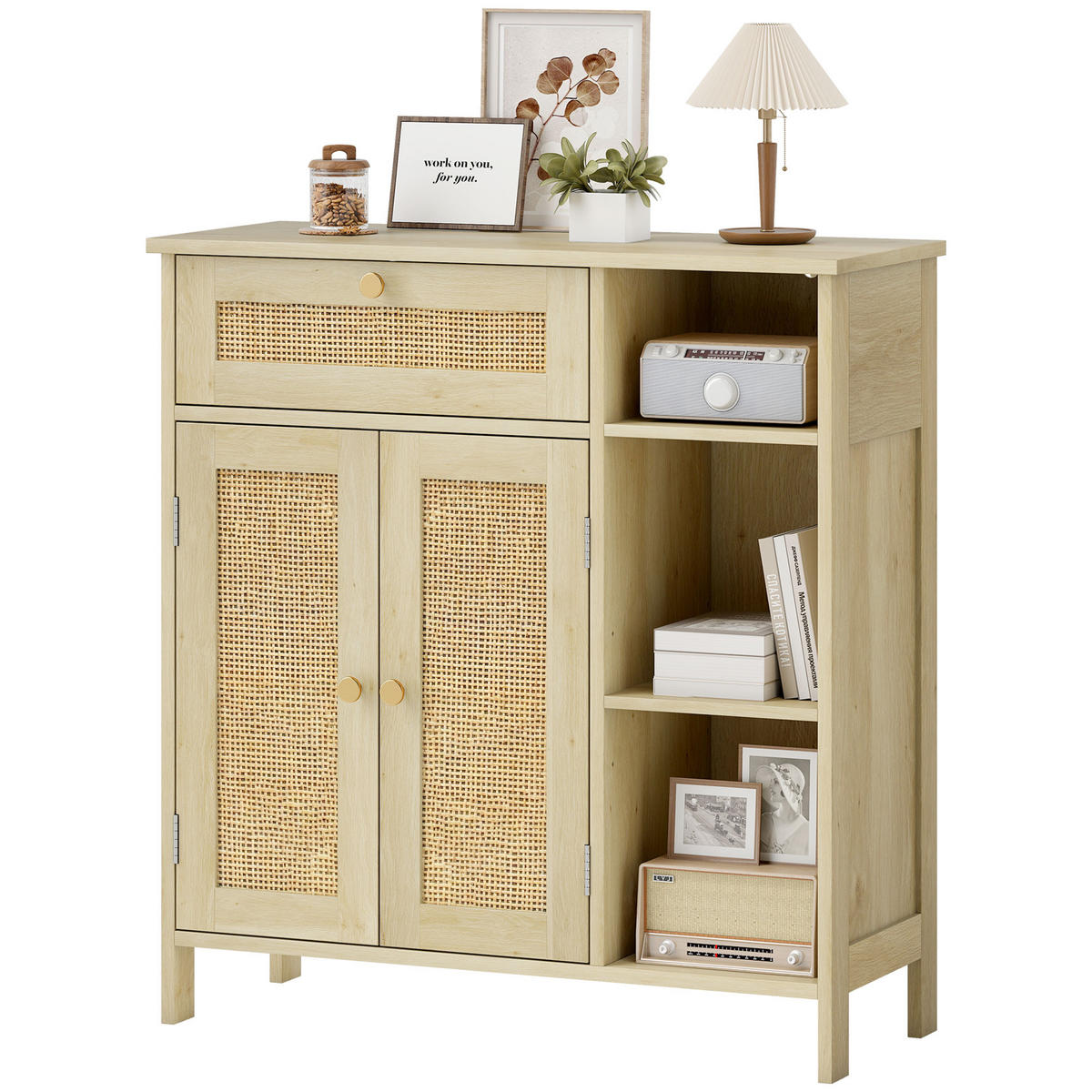 SIDEBOARD DE-11221 2 Rotintüren, Schublade Naturholz - Naturfarben, Holzwerkstoff (75/79.5/30cm) - ComfortXL