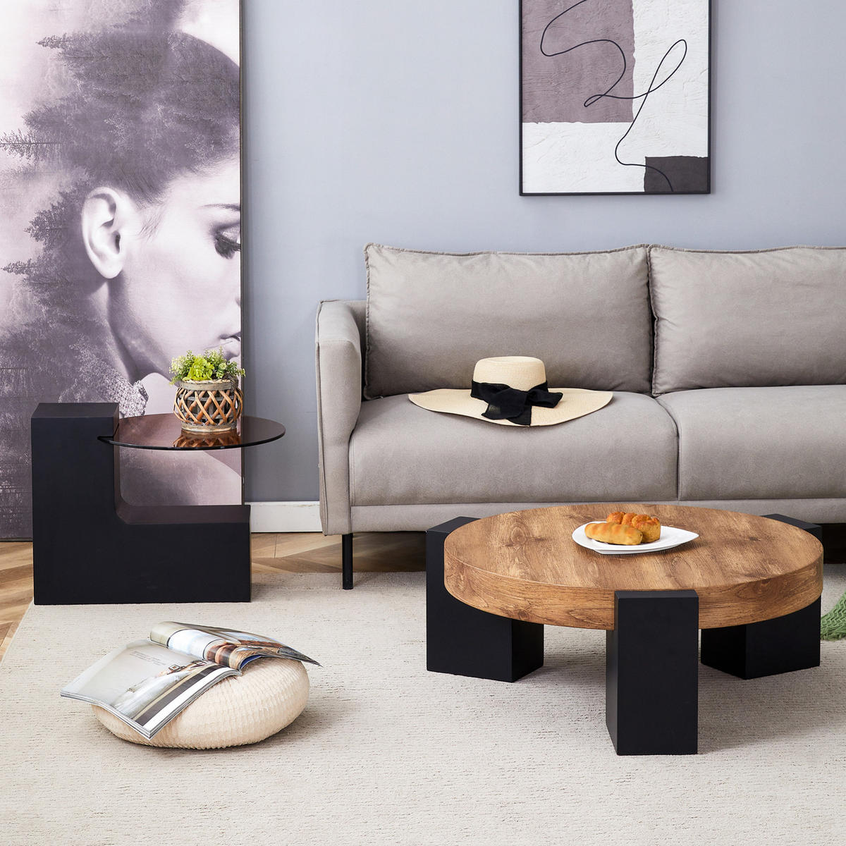 COUCHTISCH-SET rund 61/30 cm & 44/44 cm aus MDF und Glas mit 2 Ebenen - Schwarz, Holzwerkstoff (61/61/30cm) - Flora Grace