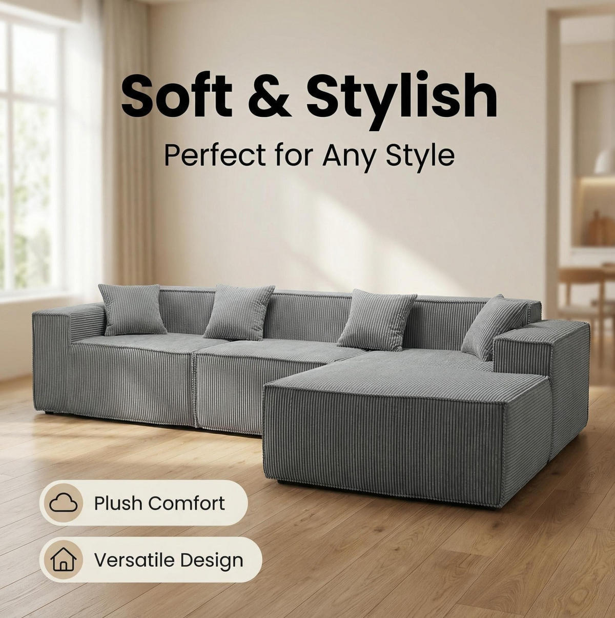 SOFA modular 3-Sitzer Struktur-Cordstoff Grau - Grau, Textil (165/279cm) - Meubliv