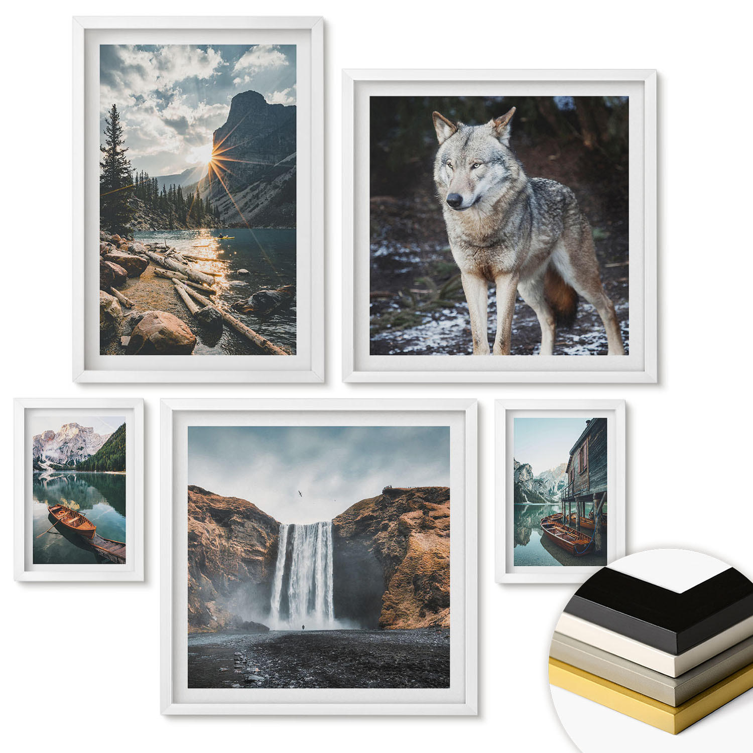 WANDBILDER 5er-Set - 50x50 cm & 20x30 cm & 40x60 cm Weißer Rahmen - Berge, Seen, Wasserfall, Wolf - Weiß, Kunststoff (40/60cm) - ArtPrintCave