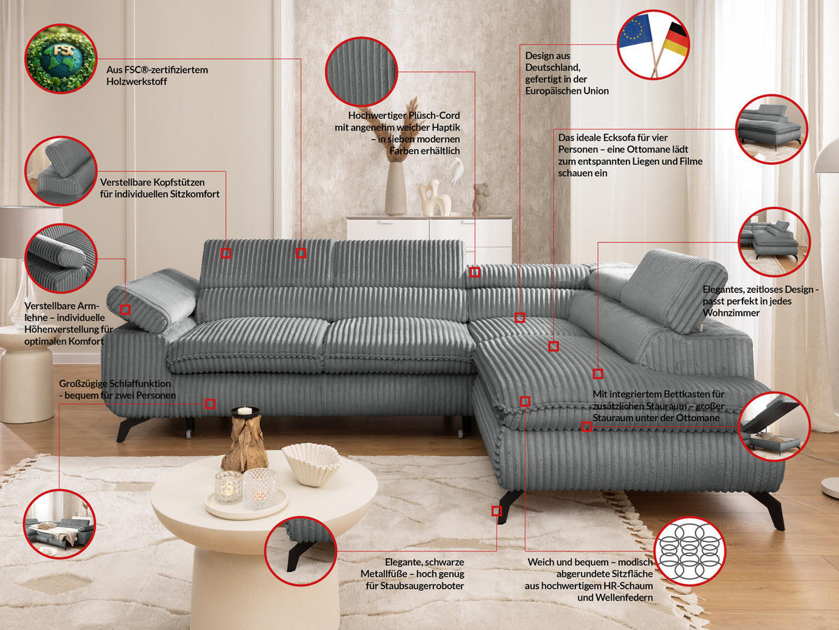 ECKSOFA mit Schlaffunktion und Bettkasten Bonnie aus Grau Cord-Stoff mit verstellbaren Kopfstützen und Armlehne - Ottomane rechts - Schwarz/Grau, Holz/Textil (275/210cm) - S-Style Möbel