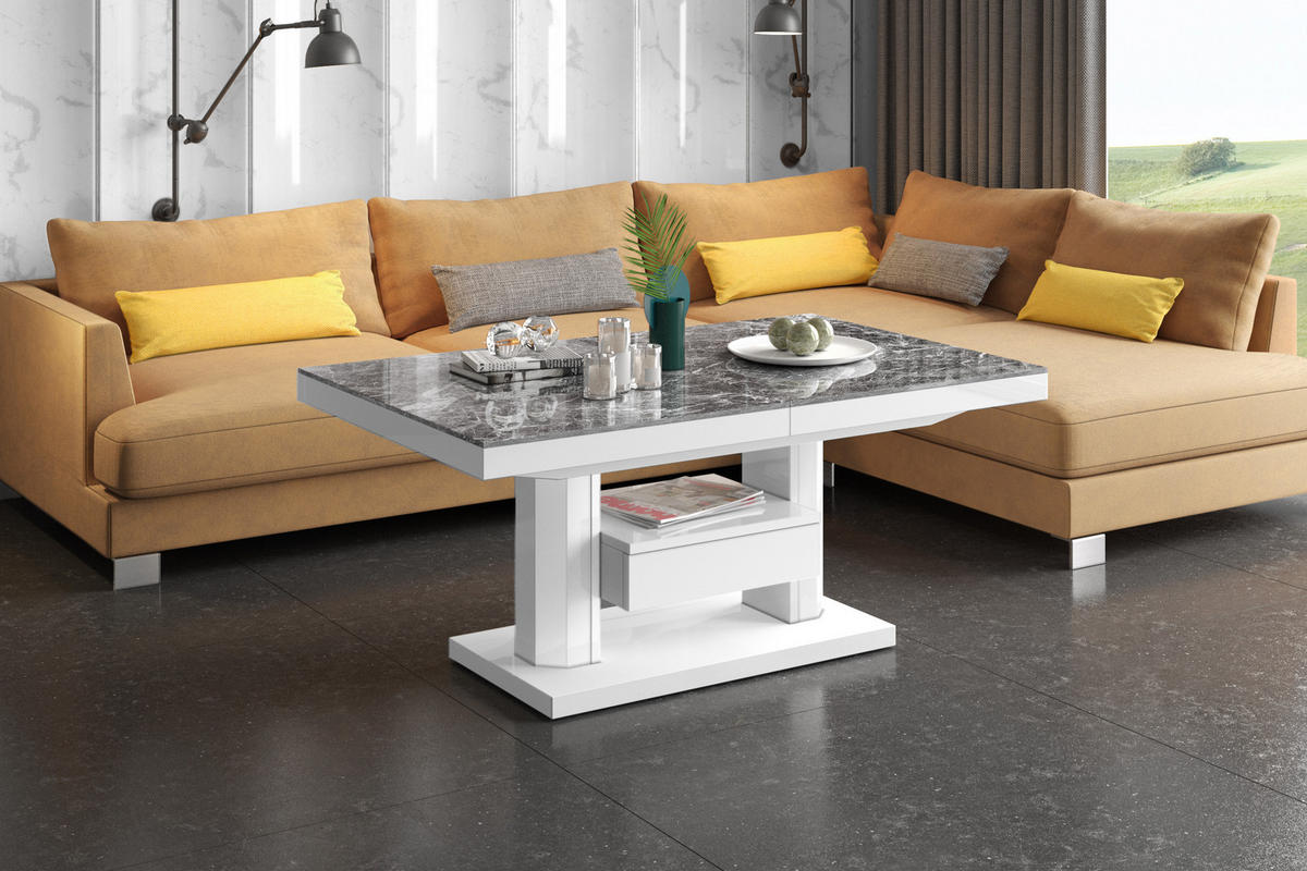 COUCHTISCH rechteckig höhenverstellbar ausziehbar Schublade 120/75/56 cm - Weiß Hochglanz/Dunkelgrau, Holzwerkstoff (75/120/56cm) - designimpex