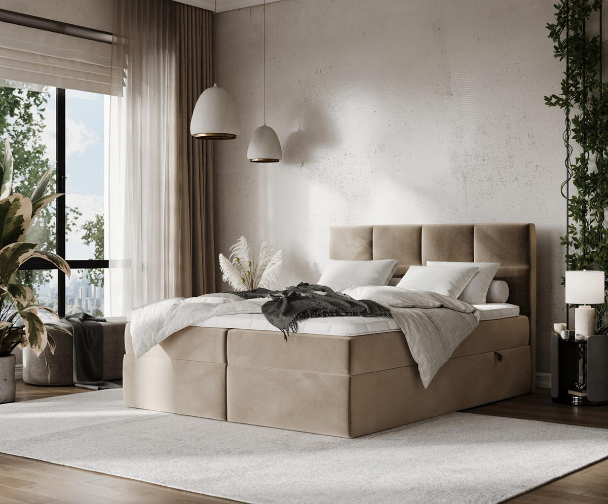 BOXBETT Oris 180/200 cm Taupe im Paros Stoff - Taupe/Schwarz, Holz/Holzwerkstoff (180/200cm) - AltaBeds
