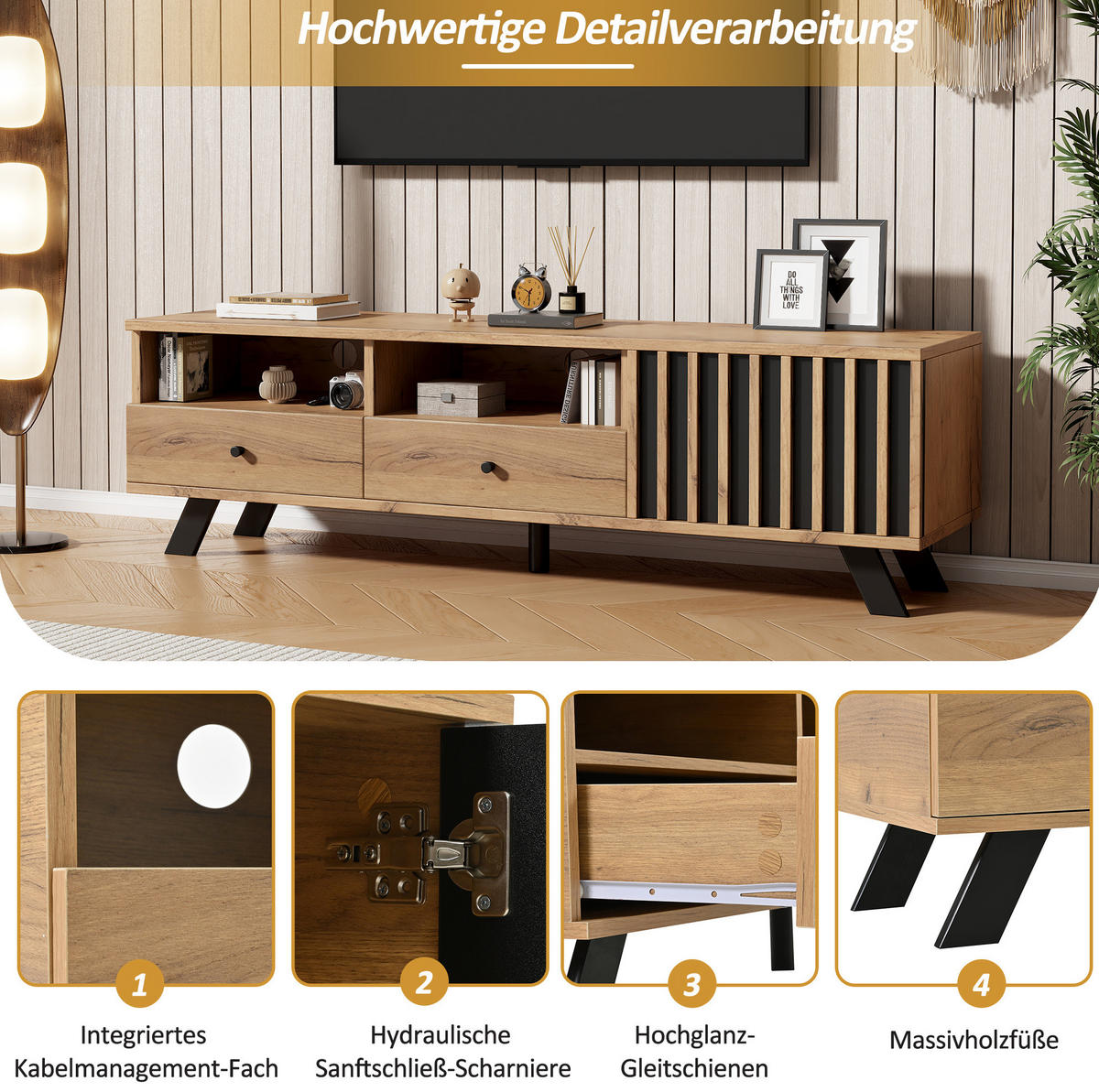 TV-LOWBOARD 150/38/44 cm mit 2 Schubladen, 1 Schrankfach und 2 offenen Fächern, Holzfarbe/Schwarz - Naturfarben, Holzwerkstoff (150/44/38cm) - Redom