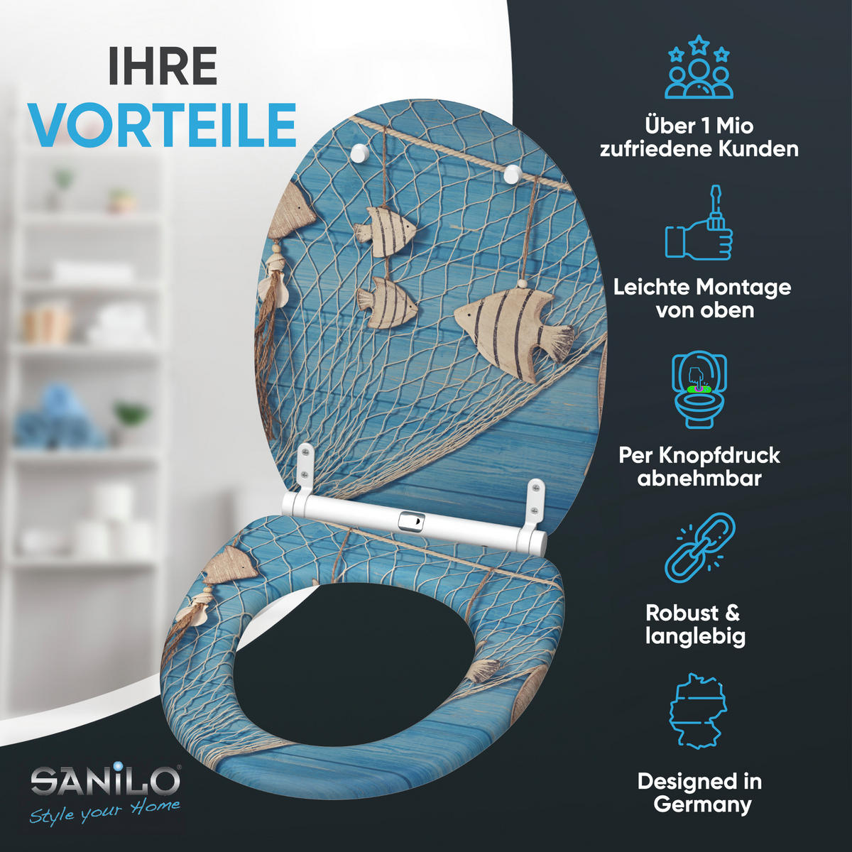 WC-SITZ mit Absenkautomatik & Top Fix Seefahrt - Blau, Holzwerkstoff (37.7/5.5/48cm) - Sanilo