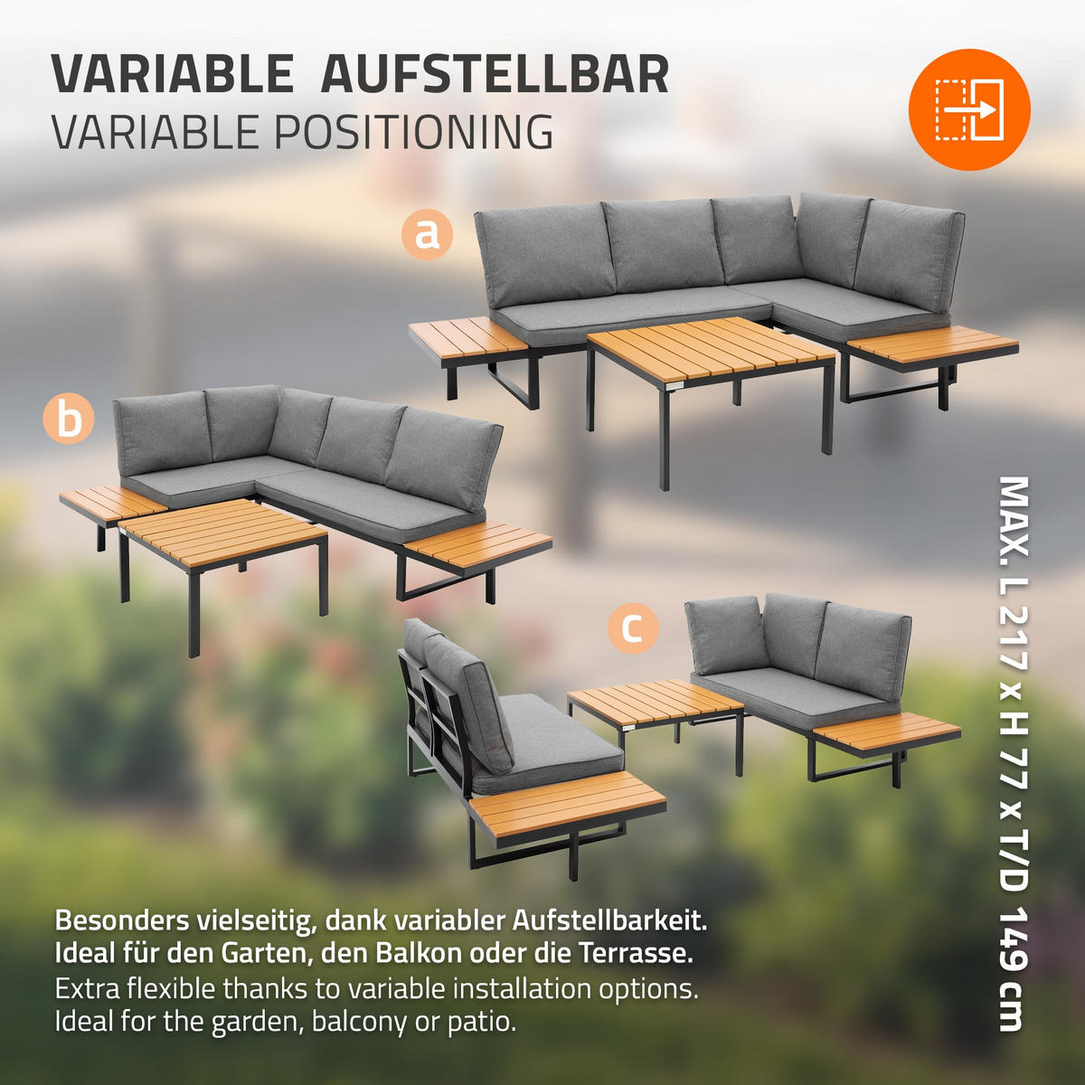 GARTENMÖBEL SET 3 tlg in Grau-Holzoptik mit Stahlgestell - Braun/Grau, Textil/Metall - ML-DESIGN