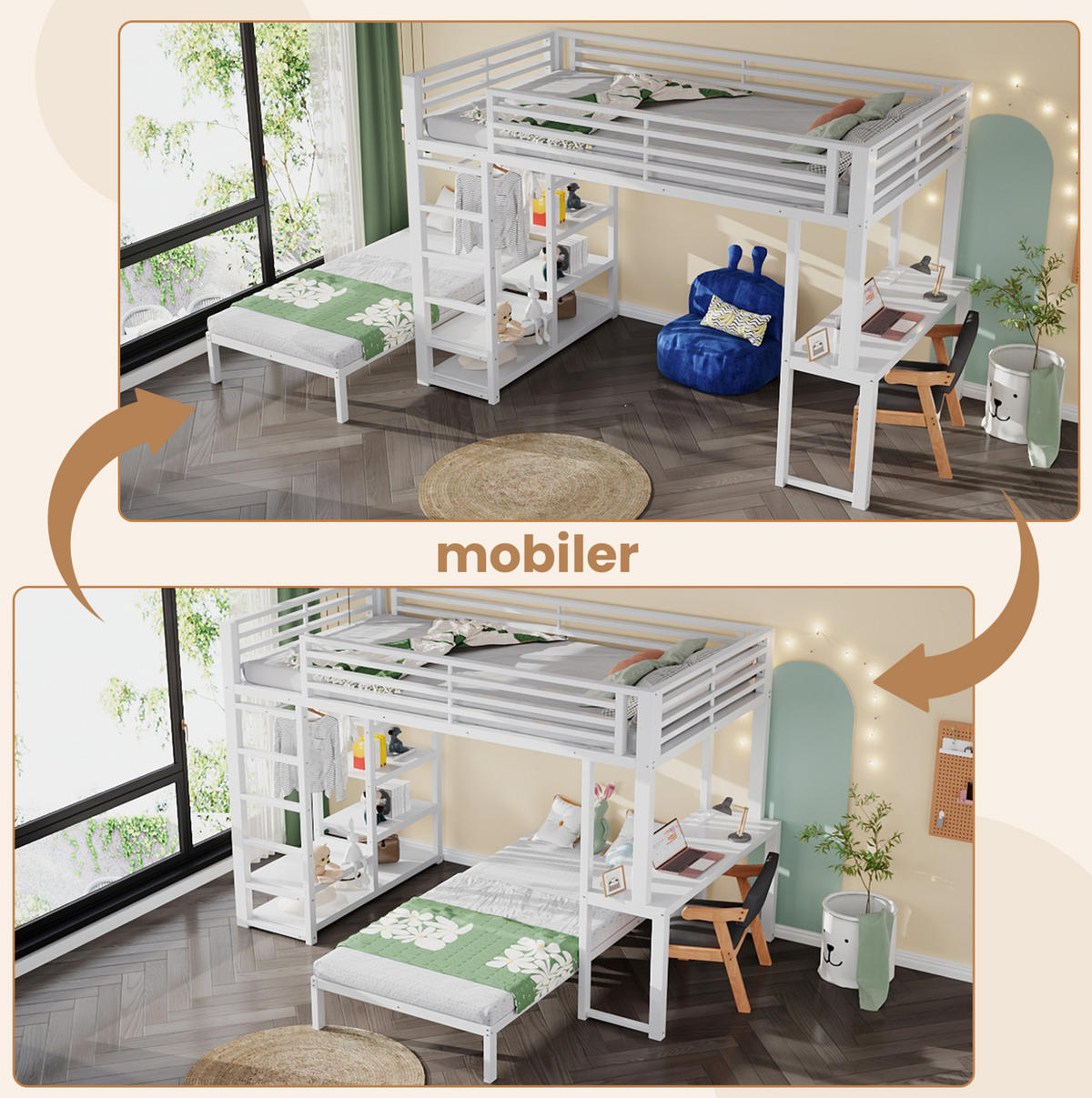 HOCHBETT Metall & MDF 90x200 cm Weiß mit Schreibtisch, Regalen und Kleideraufbewahrung - Weiß, Holzwerkstoff (90/200cm) - Modfu