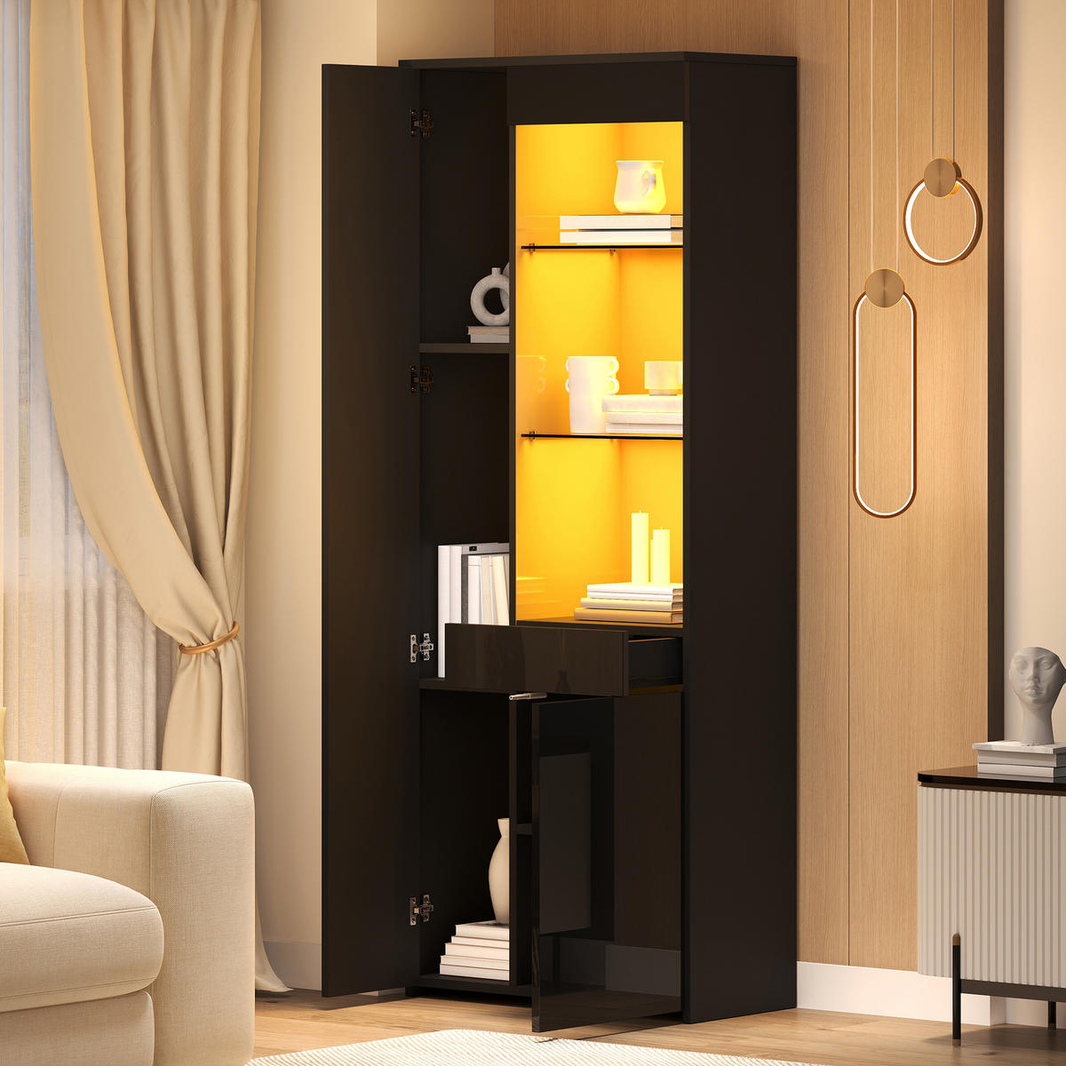 VITRINE 70x35x180 cm Schwarz mit LED und Schubladen - Schwarz, Holzwerkstoff (70/180/35cm) - FLIEKS