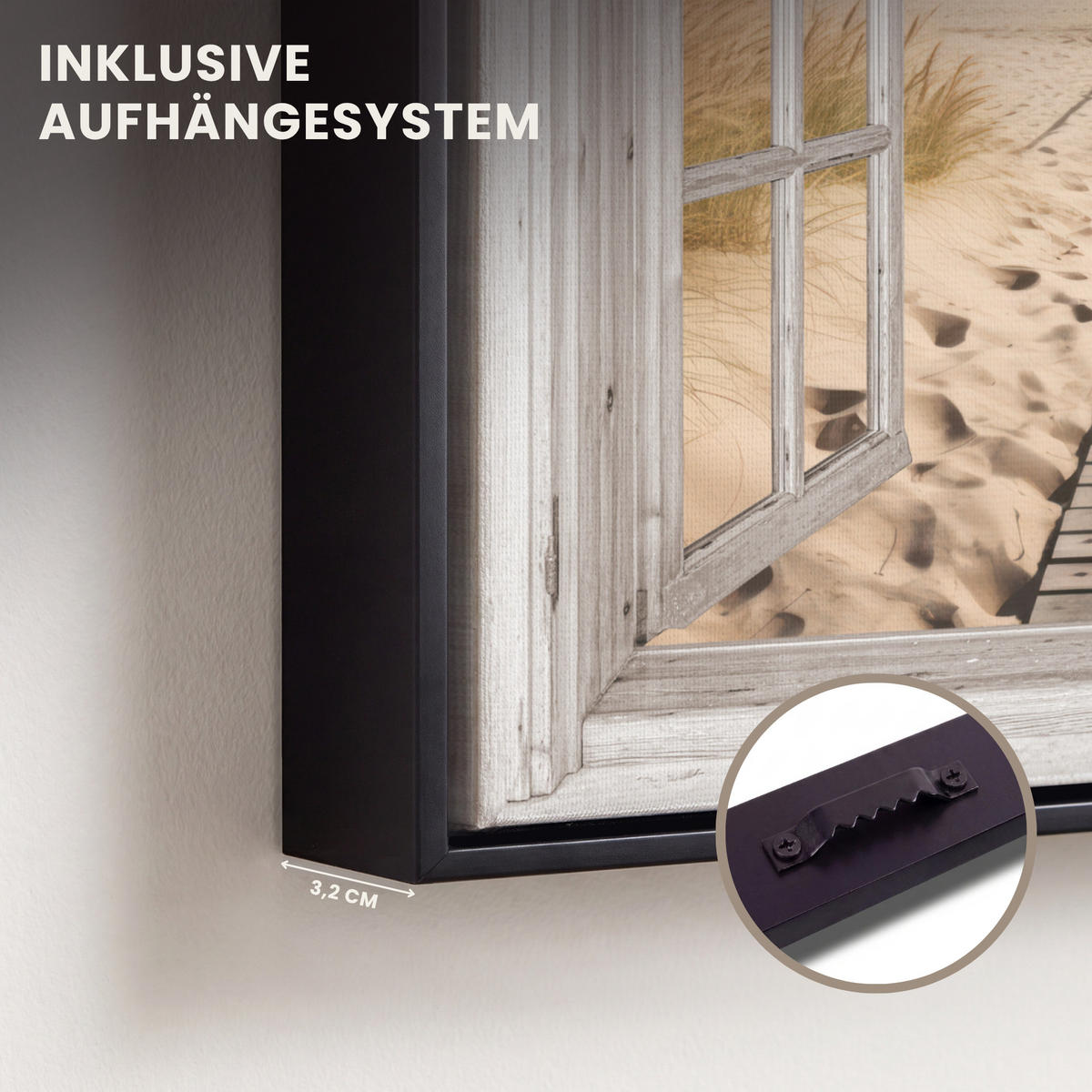 LEINWAND Bilder mit Rahmen - Fenster - Meer - Küste - Natur - Ausblick - Strand - Wattenmeer - 20x20 - Beige, Textil (20/20cm) - MuchoWow