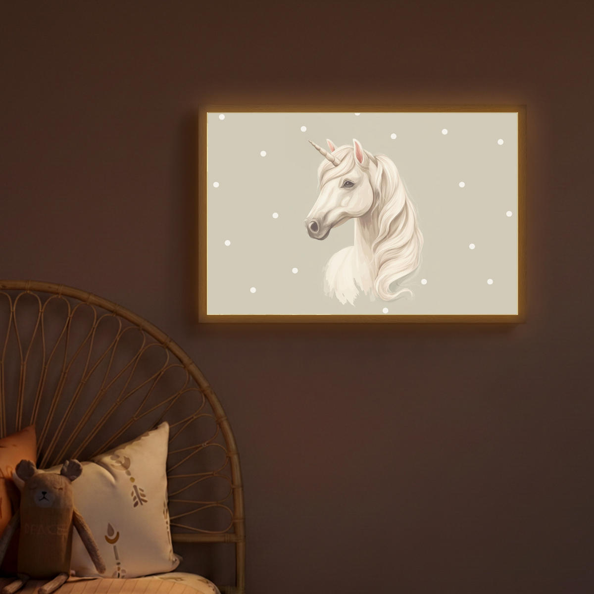 NÁSTĚNNÁ LAMPA S AKUMULÁTOREM Jednorožec - bílý - tečky 60x40 cm - šedohnědá, kompozitní dřevo (60/40/8cm) - OnlyWow