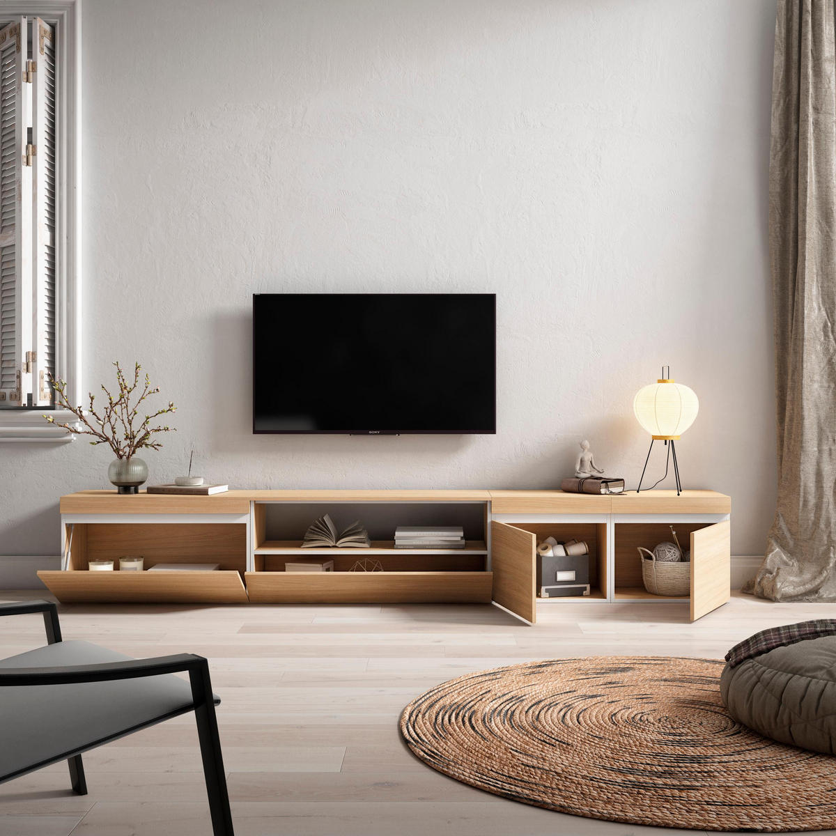 TV-SCHRANK, Lowboard, 288/35/45cm, eiche soft und weiß - Eichefarben, Holzwerkstoff (288/45/35cm) - Skraut Home