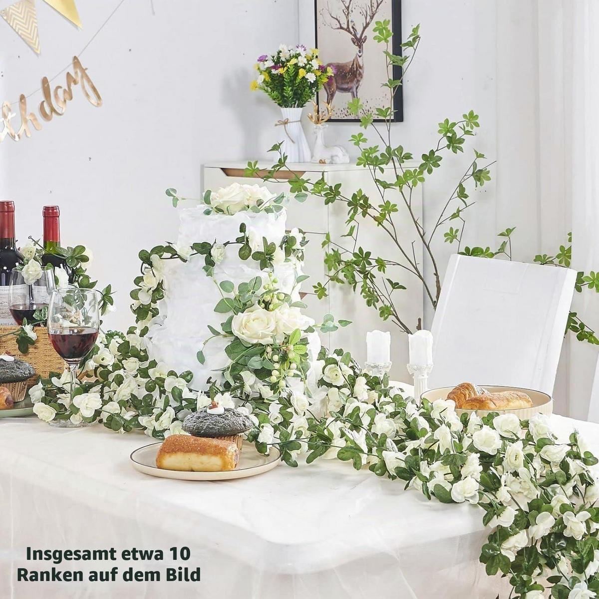 KÜNSTLICHE Blumengirlande 5-teiliges Set Weiß Rosen 2,45 m - Weiß, Kunststoff (1cm)