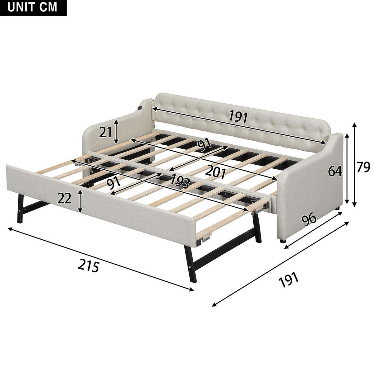 POLSTERBETT 90/200 cm mit Ausziehbett und USB-Anschluss in Beige - Beige, Textil (90/200cm) - BEAOK