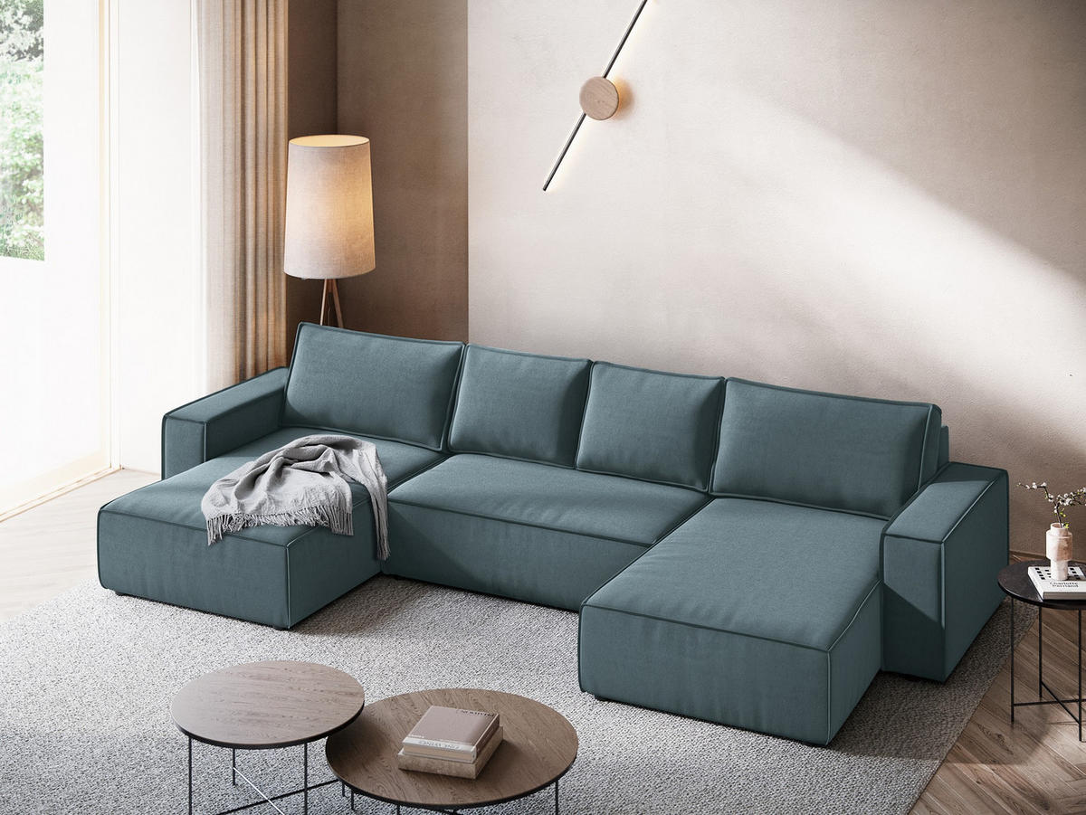 WOHNLANDSCHAFT Samt Stoff Blau - Blau/Petrol, Kunststoff/Textil (398/82/185cm) - Makamii