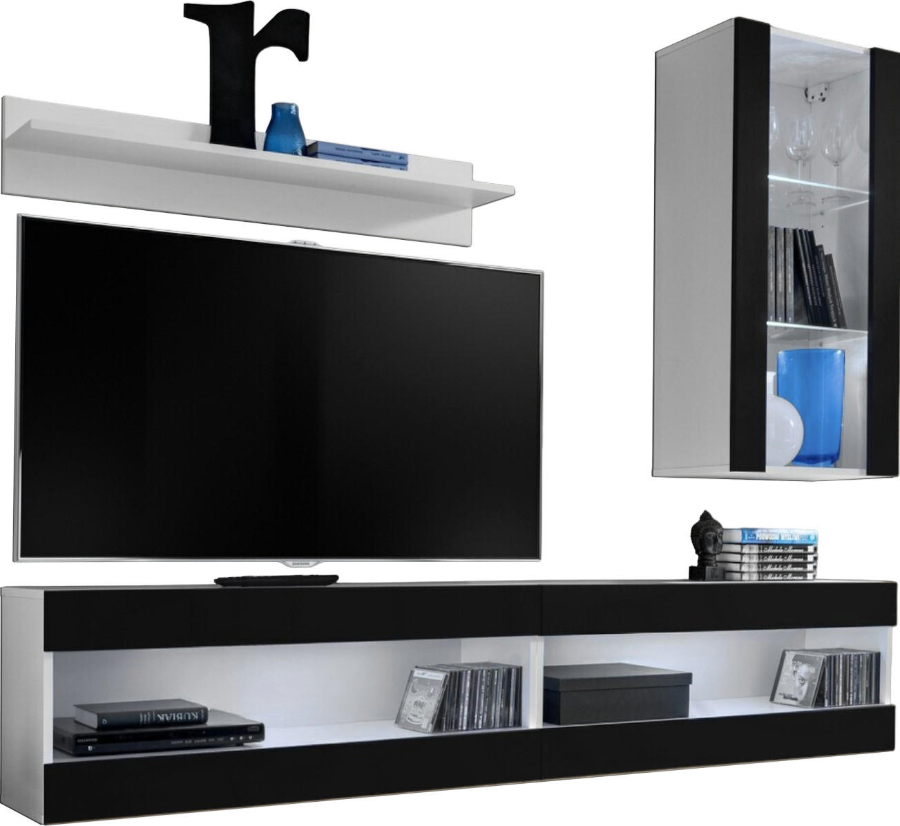 WOHNWAND 4-er Set, TIVOLI SET5 Weiß + Schwarz, Offener Raum - Schwarz/Weiß, Glas/Holzwerkstoff (240/195/35cm) - Komodee