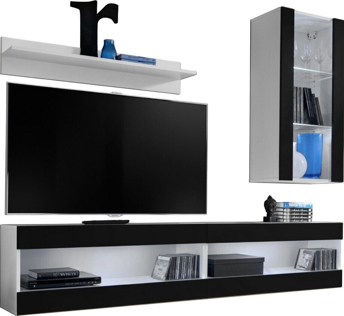 WOHNWAND 4-er Set, TIVOLI SET5 Weiß + Schwarz, Offener Raum - Schwarz/Weiß, Glas/Holzwerkstoff (240/195/35cm) - Komodee