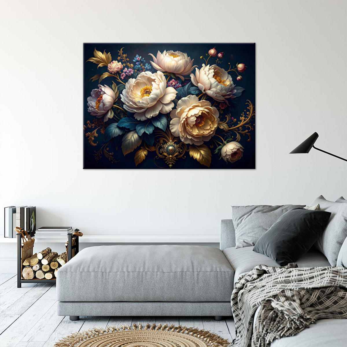 LEINWANDBILDER, Blumenarrangement in Marineblau und Gold - Blau, Textil (120/80cm) - Feeby