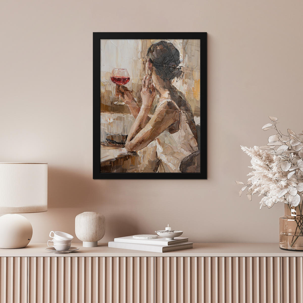 GERAHMTES BILD Ölgemälde - Frau - Wein 30x40 cm - Hellbraun, Papier (30/40cm) - MuchoWow