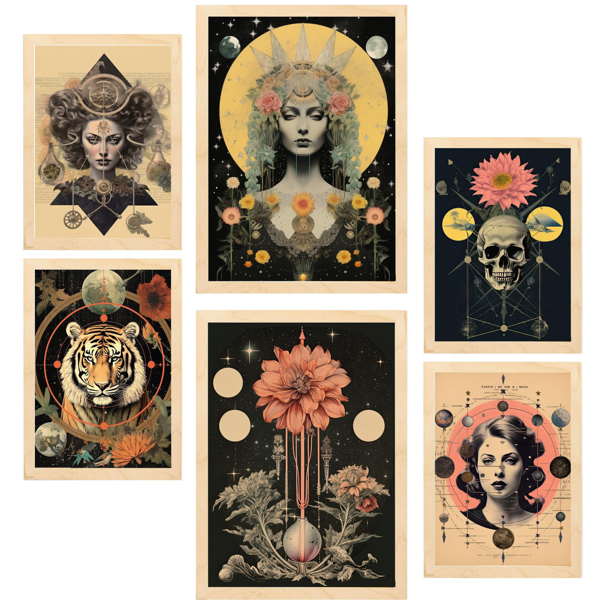POSTER Set Mit 6 Mystischen Esoterischen A3 & A4 Rahmen Aus Hellem Holz - Beige, Papier (29/3cm) - Nacnic