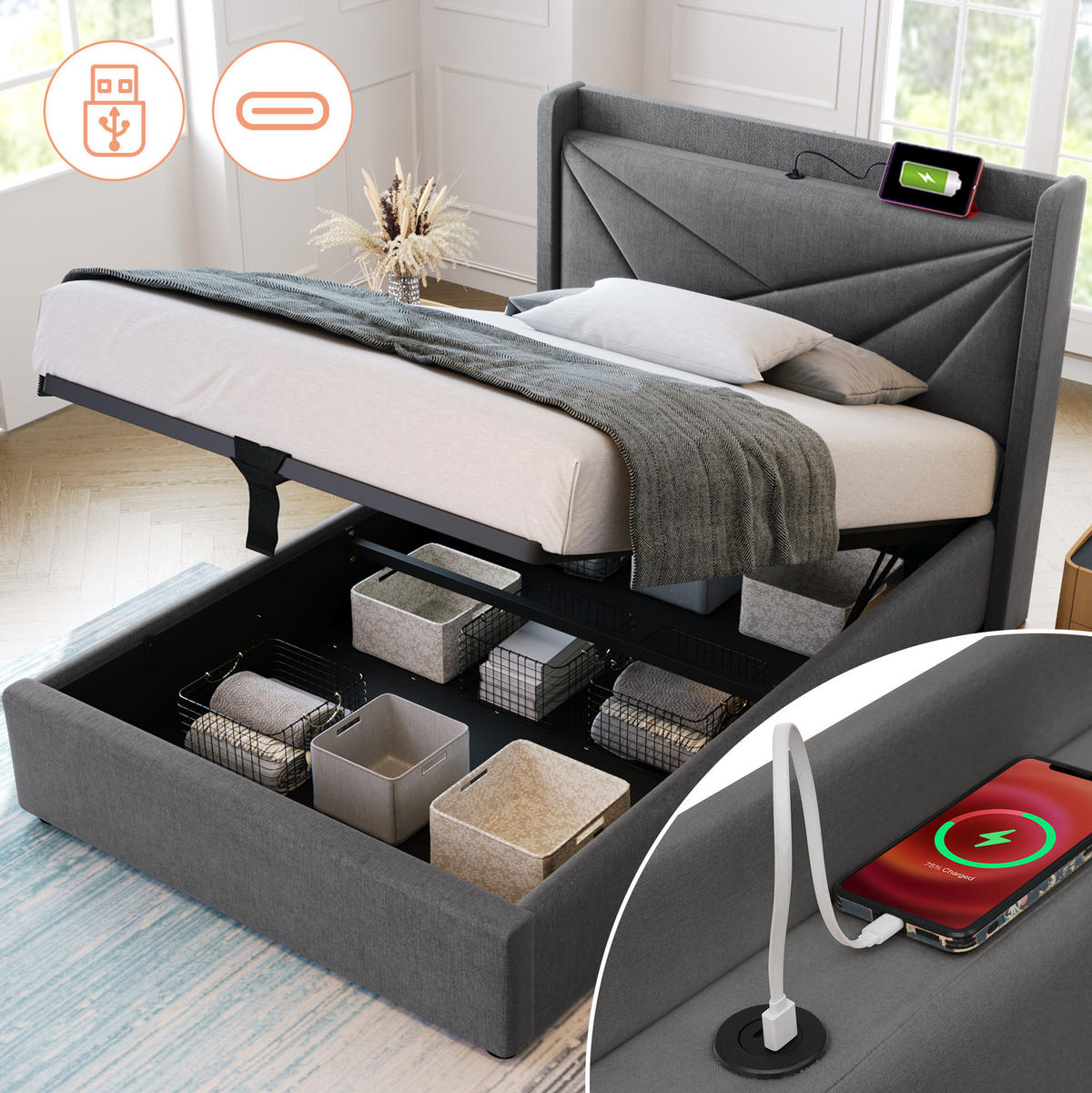 POLSTERBETT 90/200 cm Grau mit Bettkasten, Matratze und USB- und Type-C-Anschlüssen - Grau, Textil (90/200cm) - Flora Grace
