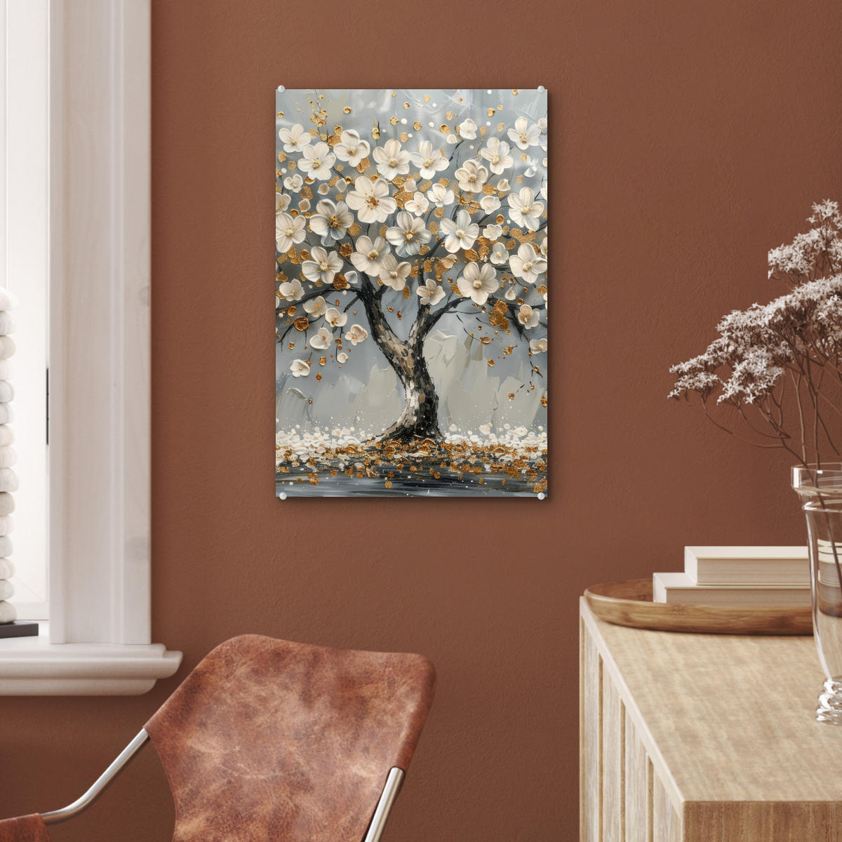 ACRYLGLASBILD Baum - Blumen - Weiß - Natur - Kunst 40x60 cm - Weiß, Glas (40/60cm) - MuchoWow