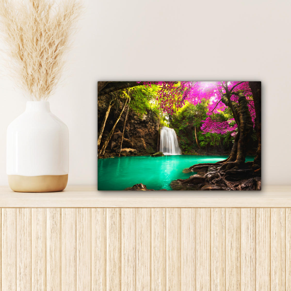 LEINWANDBILD Wasserfall mit bunten Blumen und Bäumen - Natur - Dschungel Deko Schlafzimmer 30x20 cm - Waldgrün, Textil (30/20cm) - MuchoWow