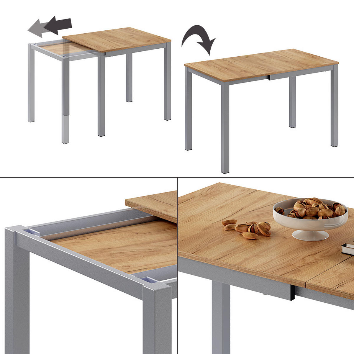 ESSTISCH Granny Eiche/Grau 120 x 70 cm ausziehbar - Graubraun/Grau, Holzwerkstoff (70/120/76cm) - Vicco