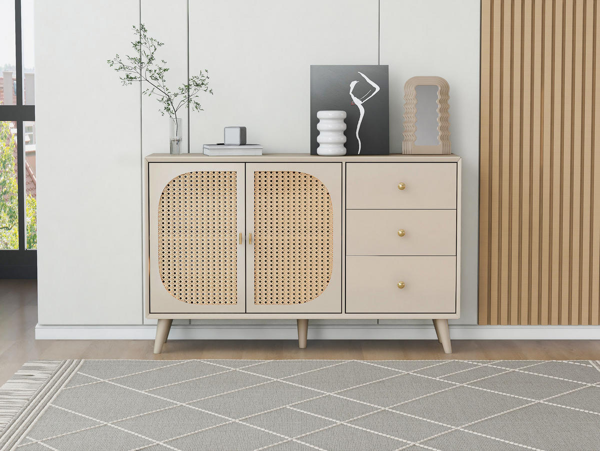 SIDEBOARD mit 2 Türen und 3 Schubladen, Offwhite mit Rattangewebe, 120/40/82,5 cm, Ecru - Ecru, Holzwerkstoff (120/82.5/40cm) - Redom