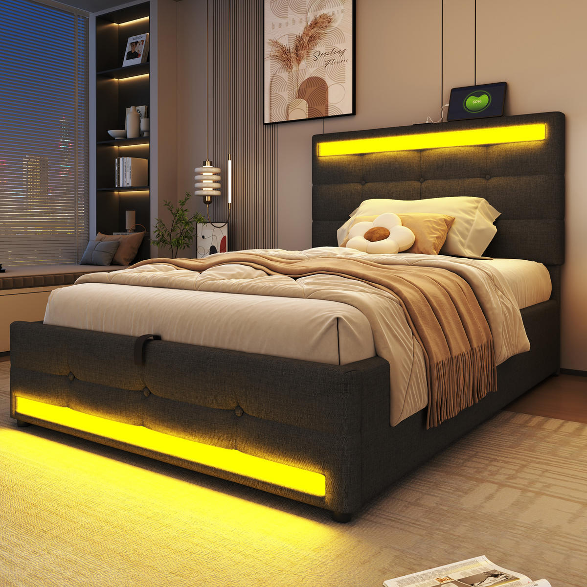 POLSTERBETT 90/200 cm Grau mit LED-Beleuchtung und USB-Anschlüssen - Grau, Textil (90/200cm) - OKWISH