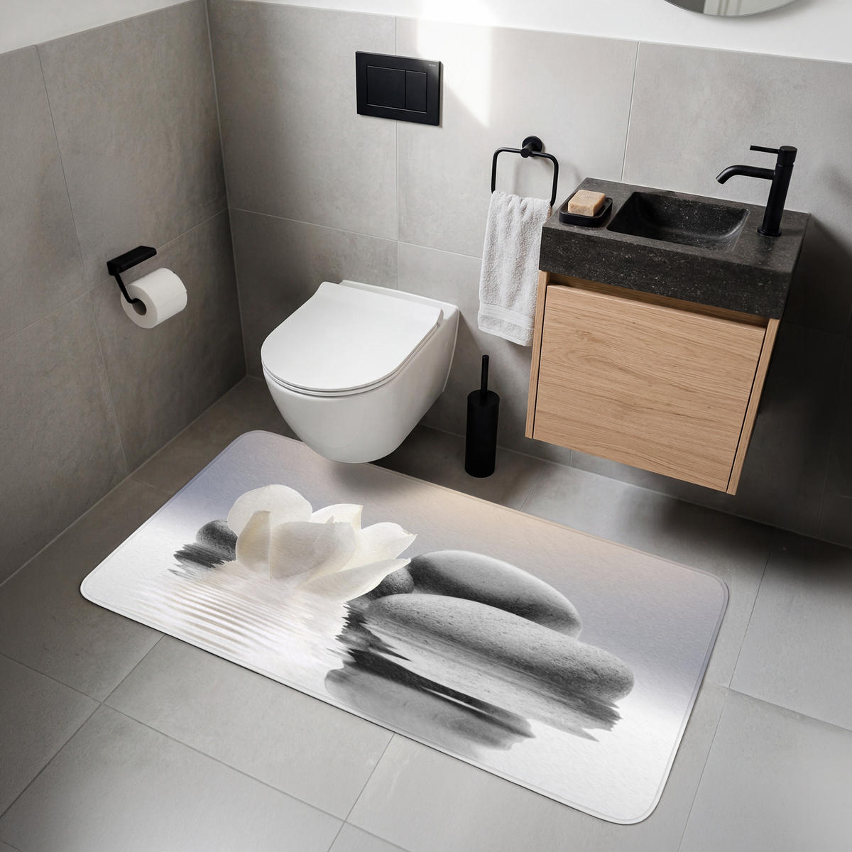 WC PŘEDLOŽKA Kameny - Lotos - Bílý - Voda - Zen 120x60 cm - bílá, textil/plast (120/1cm) - OnlyWow