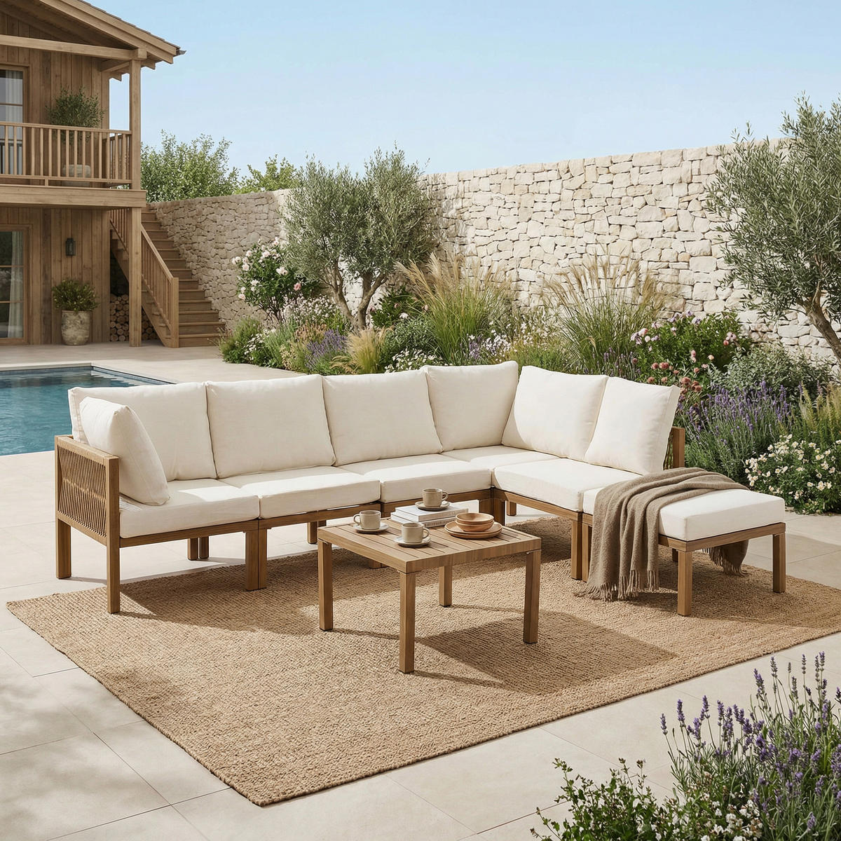 MODULARES Garten Lounge Set 240×180×84 cm für 6 Personen, beige - Beige, Textil