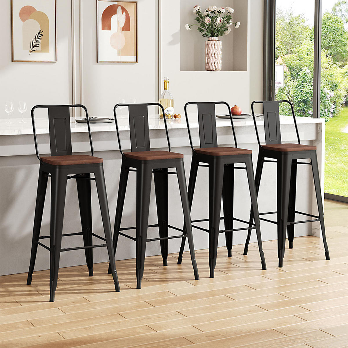 BARHOCKER 4er-Set Metallgestell Rückenlehne Braun - Dunkelbraun/Schwarz, Holz/Metall (43/105/43cm) - Livingandhome