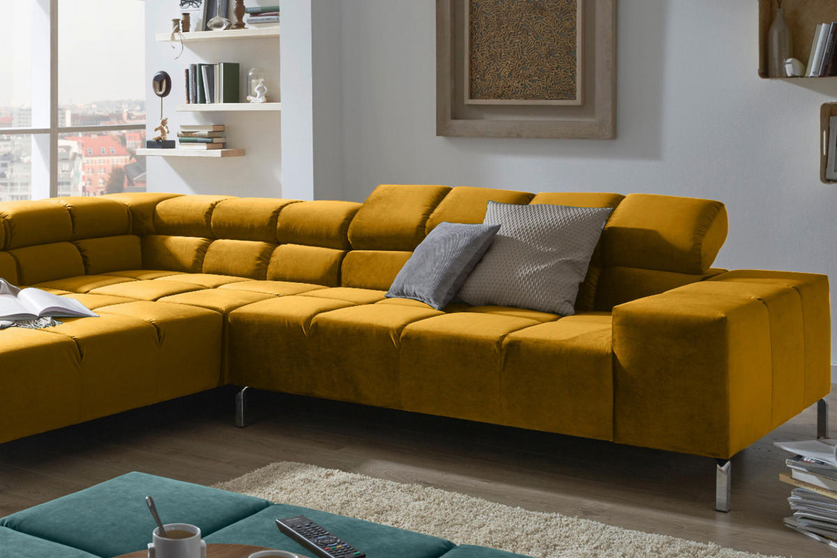 ECKSOFA MIT MOTORISCHEM SITZVORZUG NELSON Gelb Velvet Relaxfunktion - Currygelb/Gelb, Textil (321/216cm) - KAWOLA