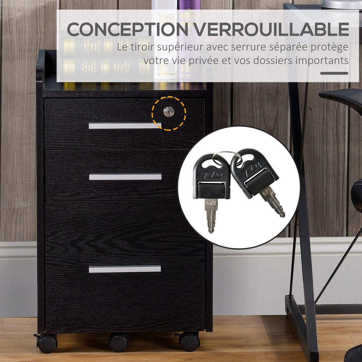 ROLLCONTAINER DE-14461 Schwarz - Schwarz, Holzwerkstoff (40/65.4/39.2cm) - ComfortXL