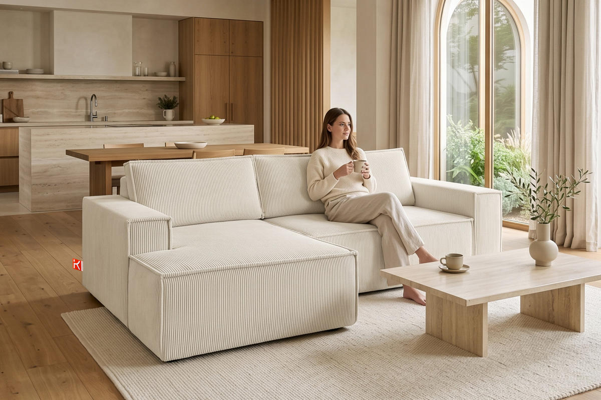 ECKSCHLAFSOFA-LINKS NAPI in Pet Friendly Cord-Stoff, ecrufarben - Creme/Schwarz, Textil (262/148cm) - KONSIMO®