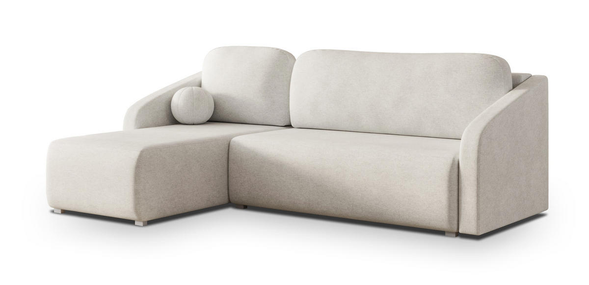 ECKSOFA MARELLO Creme Geflochtener Stoff mit Schlaffunktion - Creme, Holz (220/143cm) - MASSENO