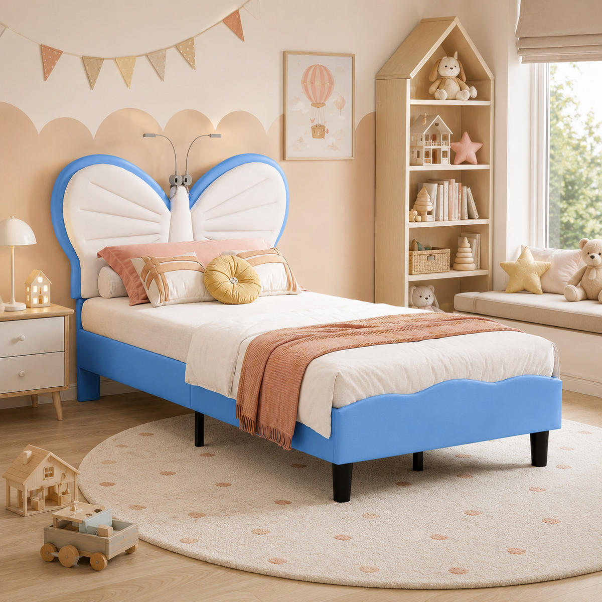 KINDERBETT 90/190 Blau Schmetterling Polsterbett mit LED-Leseleuchte - Hellblau, Metall (90/190cm) - Joyfair