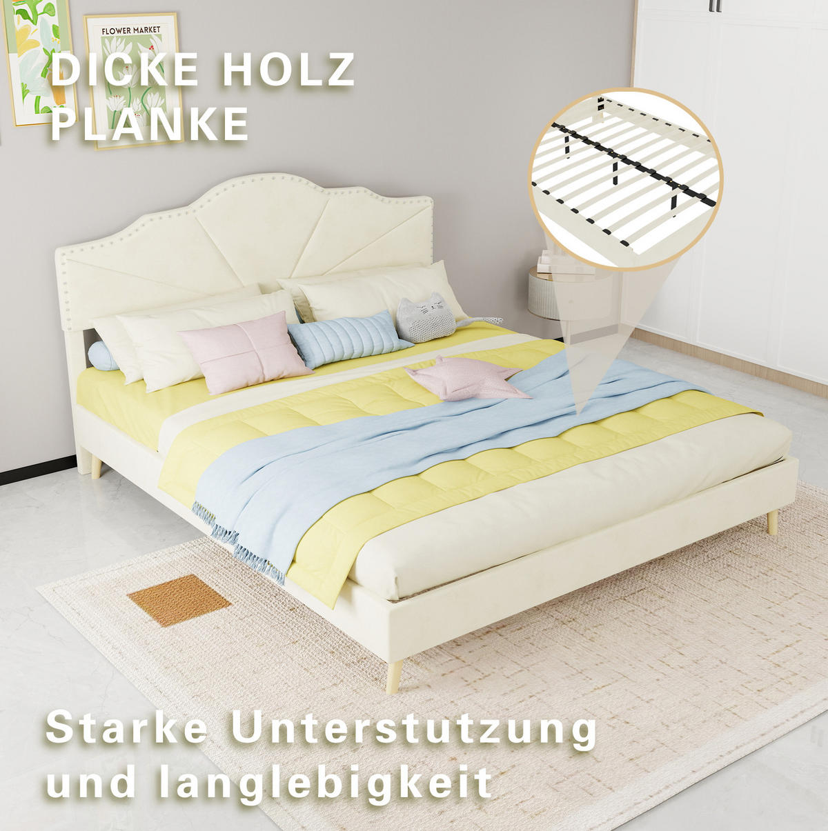 POLSTERBETT aus Stoff und Metall 160x200 cm Beige mit Matratze und geometrischem Kopfteil - Beige, Textil (160/200cm) - IVMEU