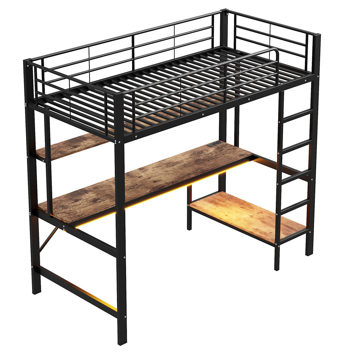 HOCHBETT 90/200 cm in Schwarz mit Regal, Schreibtisch, LED, USB und Steckdose Metall modern - Schwarz, Holzwerkstoff/Metall (90/200cm) - STILVORA