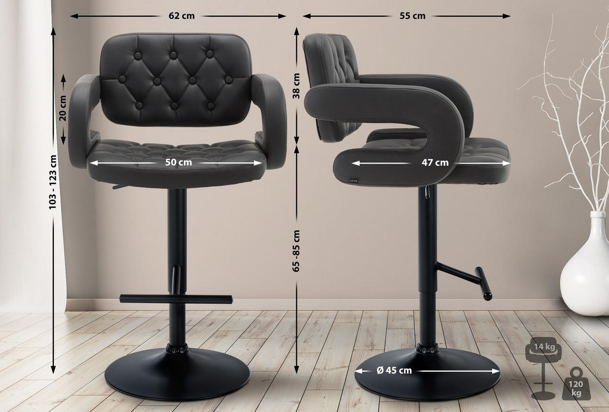 BARHOCKER Dublin höhenverstellbar 65-85 cm schwarz grau - Grau, Leder (62/103/55cm) - furnicato