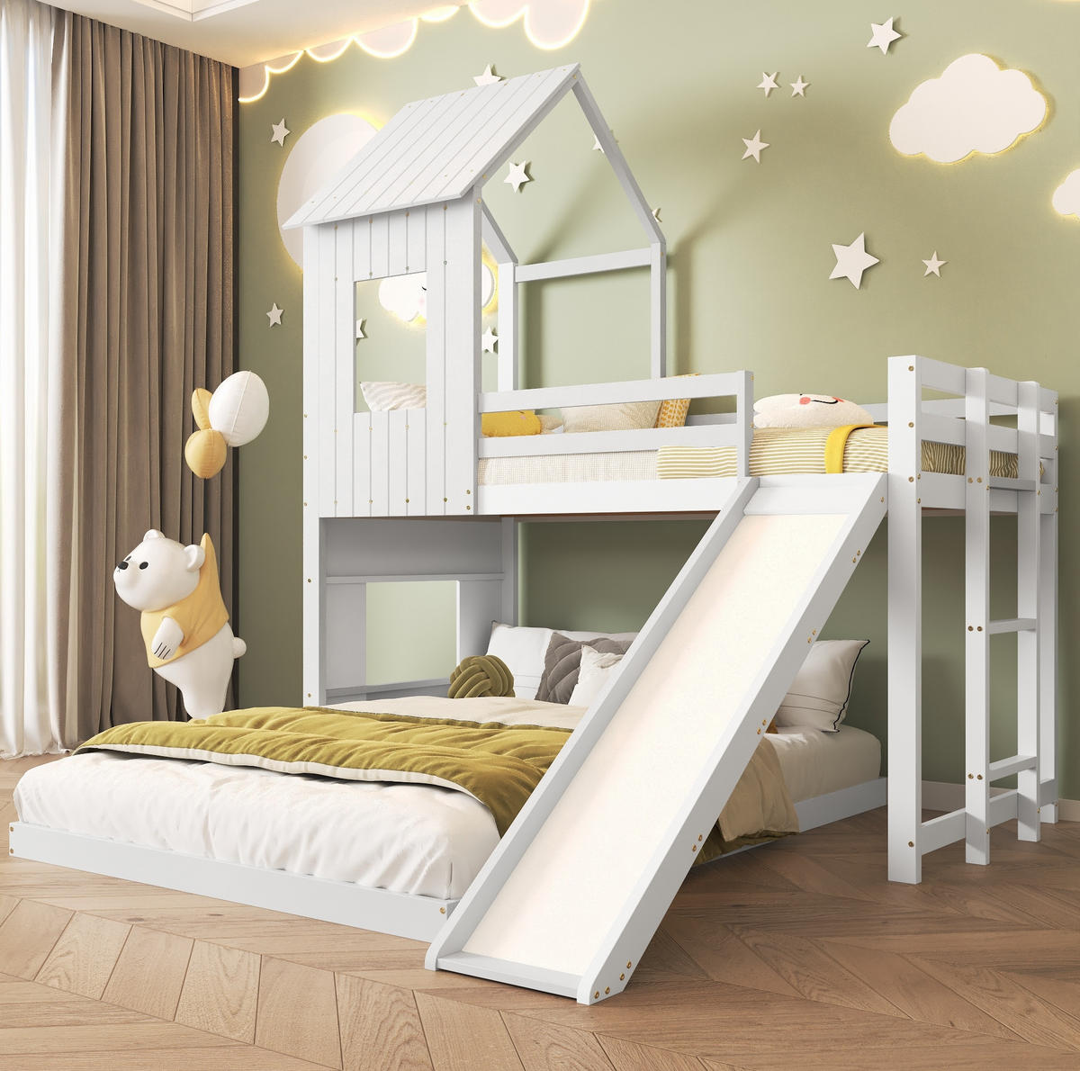 ETAGENBETT 90/200 & 140/200 cm mit Rutsche, Hausdach, Fenster, Fallschutz und Leiter aus Kiefer/MDF, Weiß - Weiß, Holzwerkstoff (90/200cm) - Redom