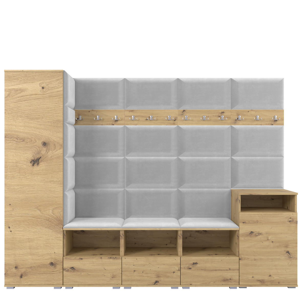 GARDEROBE NELA XI 250 cm (Modulare Flurmöbel Artisan Eiche mit Sitzpolster Hellgrau 32 Großes Set) - Silberfarben/Hellgrau, Holz/Holzwerkstoff (250/187/40cm) - Ravio