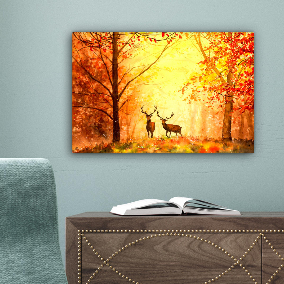 LEINWANDBILD Natur - Ölfarbe - Hirsche - Tiere - Herbst - Orange 30x20 cm - Orange, Textil (30/20cm) - MuchoWow